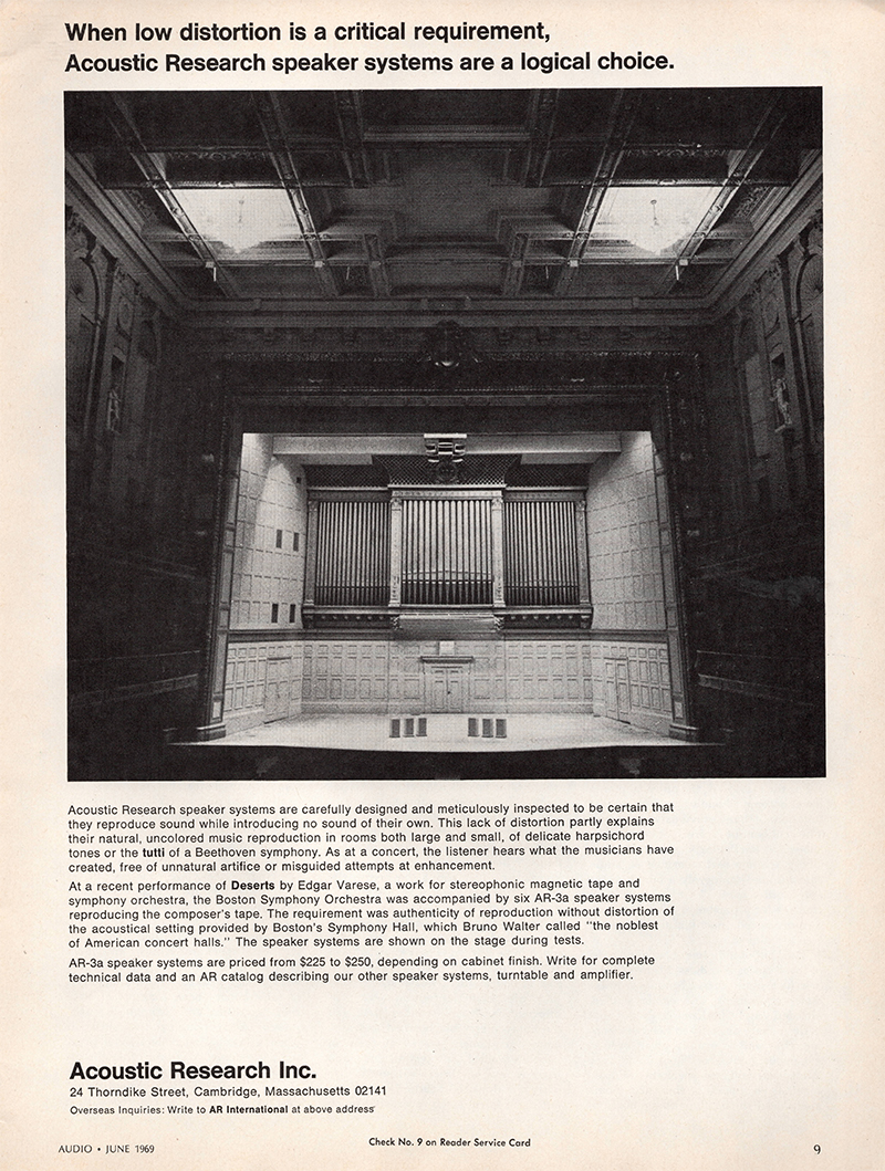 Acoustic Research advertisement in Audio, June 1969