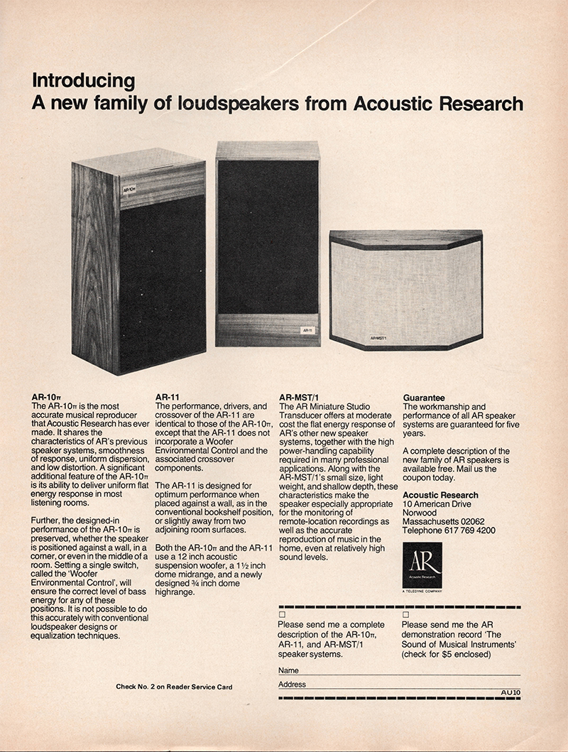 Acoustic Research advertisement in Audio, October 1975