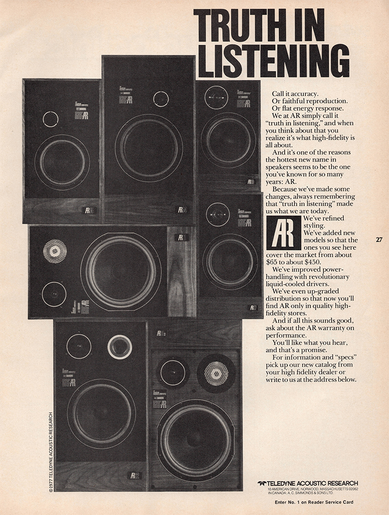 Acoustic Research advertisement in Audio, October 1977