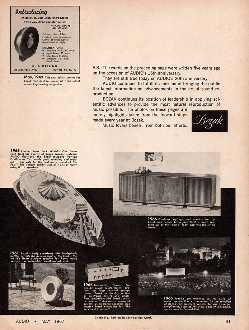 Bozak advertisement in Audio, May 1967