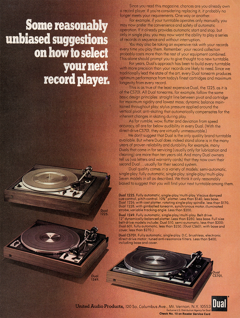 Dual advertisement in Audio, July 1976
