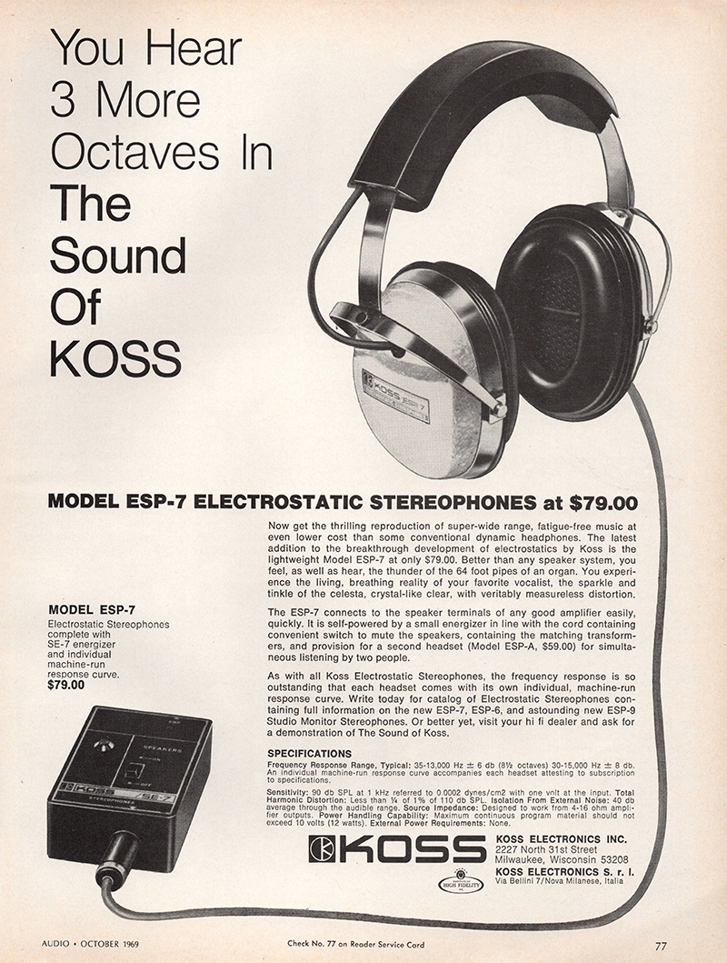 Koss advertisement in Audio, October 1969