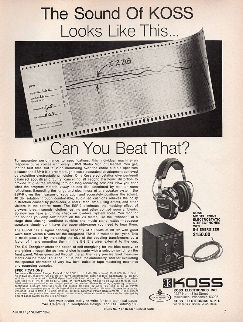 Koss advertisement in Audio, January 1970