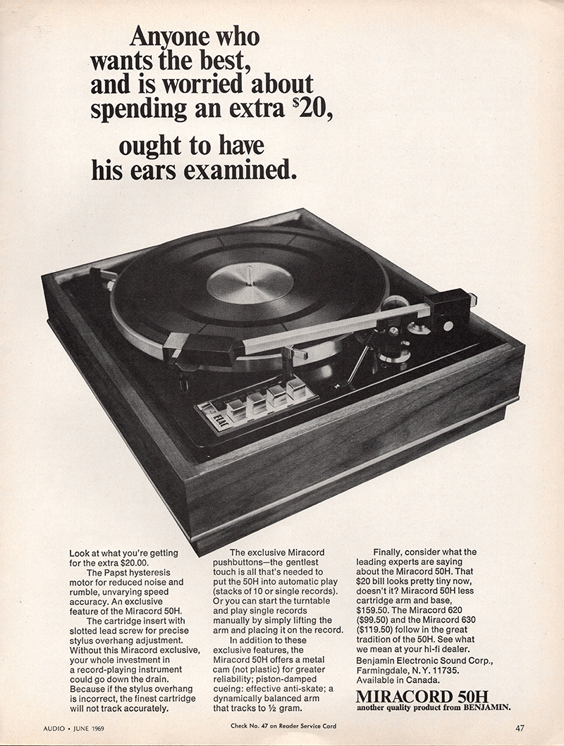 Miracord advertisement in Audio, June 1969
