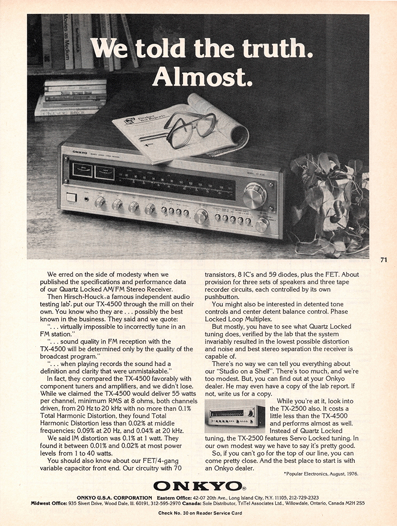 Onkyo advertisement in Audio, October 1976